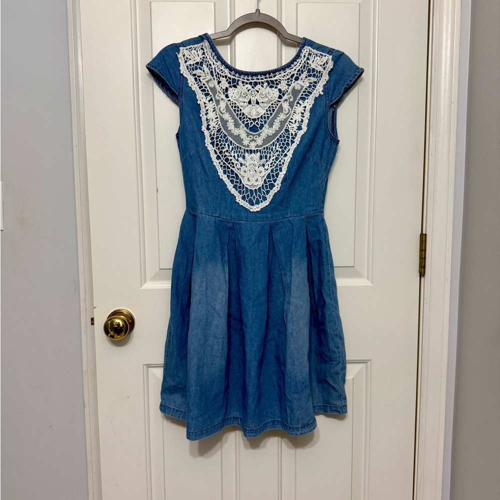 Hint of Mint Denim Dress with White Lace NWT